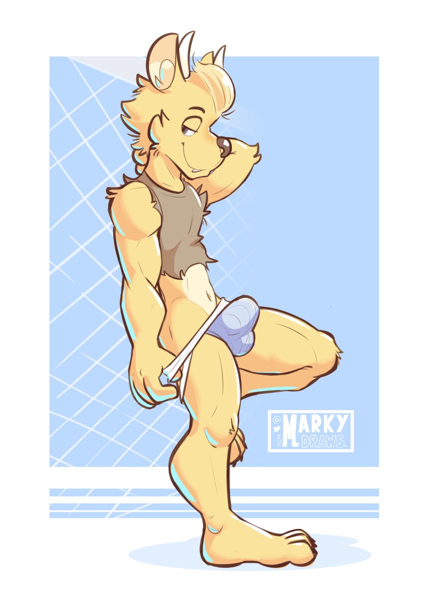 1boy absurd_res anthro barefoot bulge cervid cervine clothing clothing_pull crop_top dj_strap fangs feet fur hand_behind_neck hi_res horn jockstrap jockstrap_pull male male_only mammal markydraws midriff muntjac shirt solo topwear underwear underwear_pull yellow_body yellow_fur