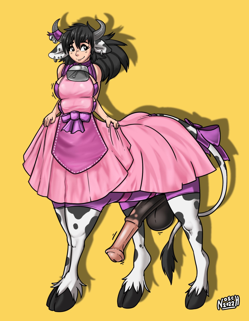 1futa 2022 4_breasts accessory animal_ears animal_genitalia animal_penis balls bell black_hair bottomless bovid bovid_taur bovine bovine_taur breasts cattle cattle_taur clothed clothing collar cowbell digital_media_(artwork) dress ear_piercing ear_ring equine_penis fur furgonomics futa_only futanari genitals gynomorph hair hi_res hooves horn horn_accessory horn_bell humanoid intersex light-skinned_futanari light_skin looking_aside mammal mammal_taur mostly_clothed multi_breast nosch penis piercing pink_clothing pink_dress ribbons ring_piercing simple_background smile solo spots spotted_body standing tail_accessory tail_ribbon taur teats udders white_body white_fur yellow_background