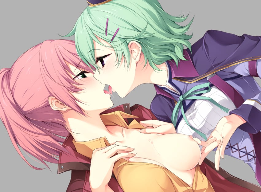 2girls blue_eyes blush breast_slip breasts eiyuu_densetsu female french_kiss green_eyes green_hair hair_ornament hairclip hakuleg juna_crawford kissing multiple_girls musse_egret nipples one_breast_out_of_clothes pink_hair sen_no_kiseki short_hair simple_background tongue tongue_out yuri