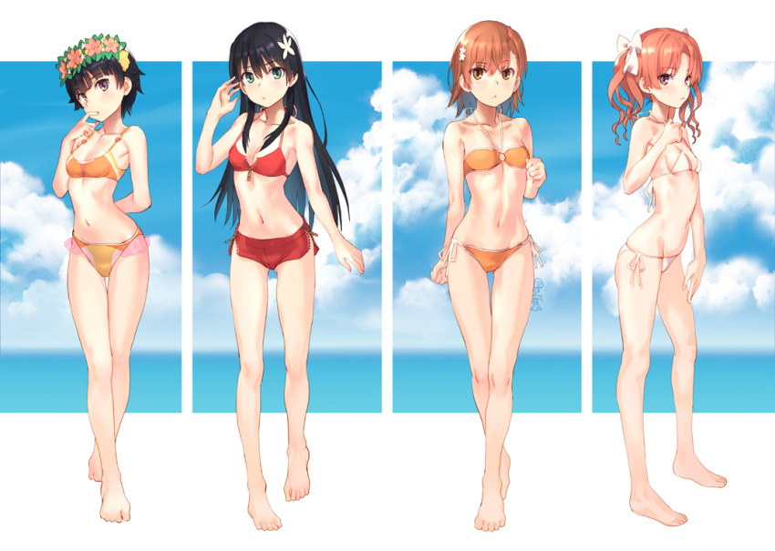 2020 2020s 4girls barefoot bikini black_hair blue_sky breasts brown_eyes brown_hair cloud commentary_request full_body green_eyes head_wreath long_hair looking_at_viewer misaka_mikoto multiple_girls orange_bikini raika9 red_bikini saten_ruiko shirai_kuroko short_ponytail side-tie_bikini sky small_breasts swimsuit teenage_girl teenager to_aru_kagaku_no_railgun to_aru_majutsu_no_index twintails uiharu_kazari very_short_hair white_bikini young