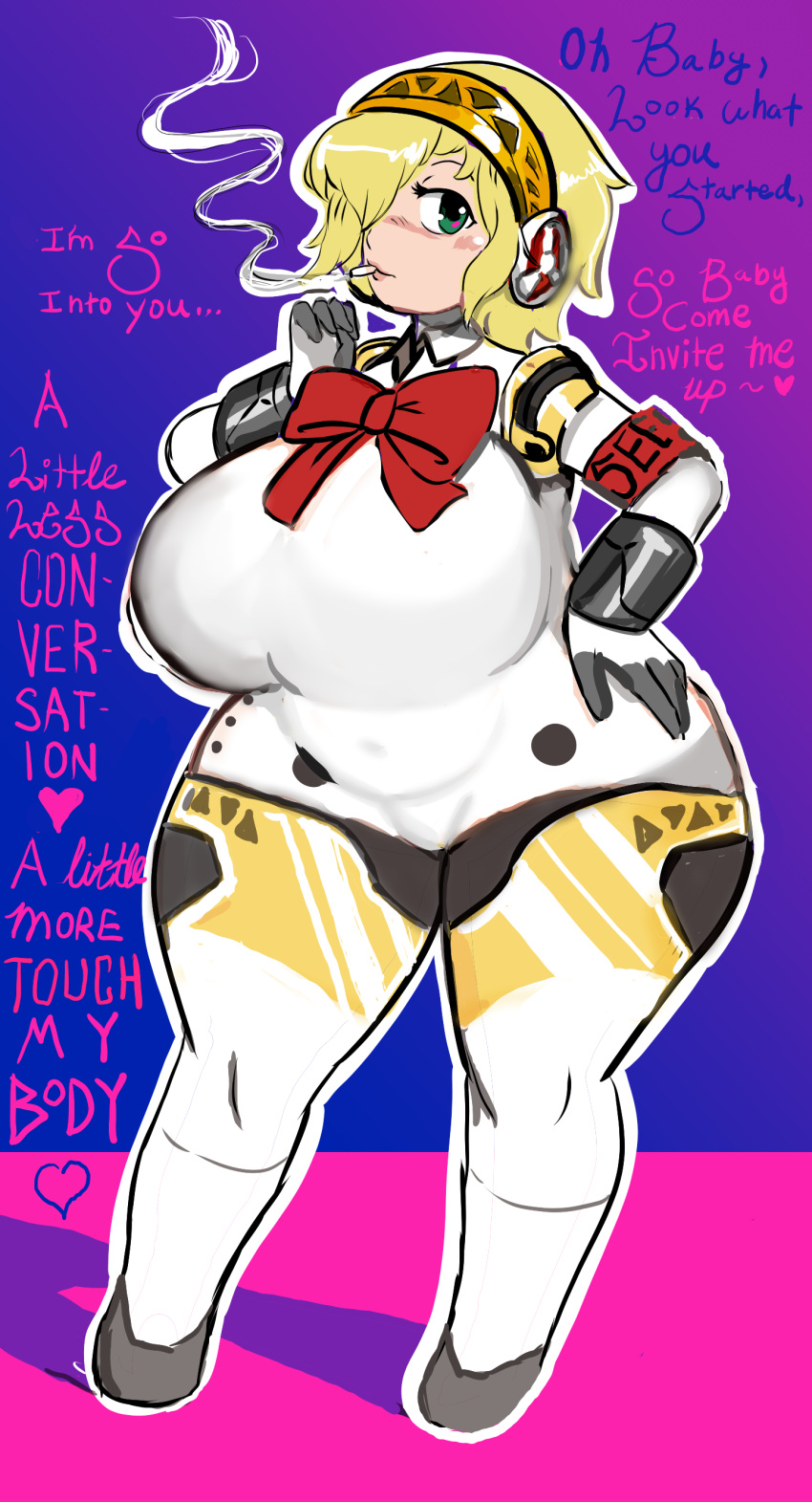 aegis_(persona) aigis_(persona) areolae atlus big_breasts blonde_hair blue_eyes breast_expansion breasts cleavage desgardes female female_only femsub happy_trance headband headphones high_heels huge_breasts persona persona_(series) persona_3 robot smoking thick_thighs thighs voluptuous wide_hips