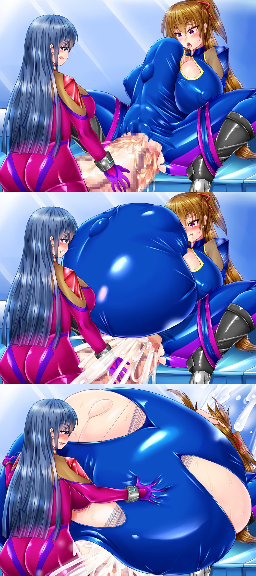 1futa 1girls belly_bigger_than_body blue_hair breasts_bigger_than_head breasts_bigger_than_torso brown_hair censored clothed clothing cumflation duo enormous_breasts erection female fruule futa_on_female futanari growth huge_breasts huge_cock human hyper hyper_belly hyper_penis immobile inflation light-skinned_female light-skinned_futanari light_skin long_hair massive_breasts mosaic_censoring mostly_clothed multiple_images no_nose penis_bigger_than_body ruuru ruuru_(fruule) sex too_big too_big_to_move vaginal_penetration