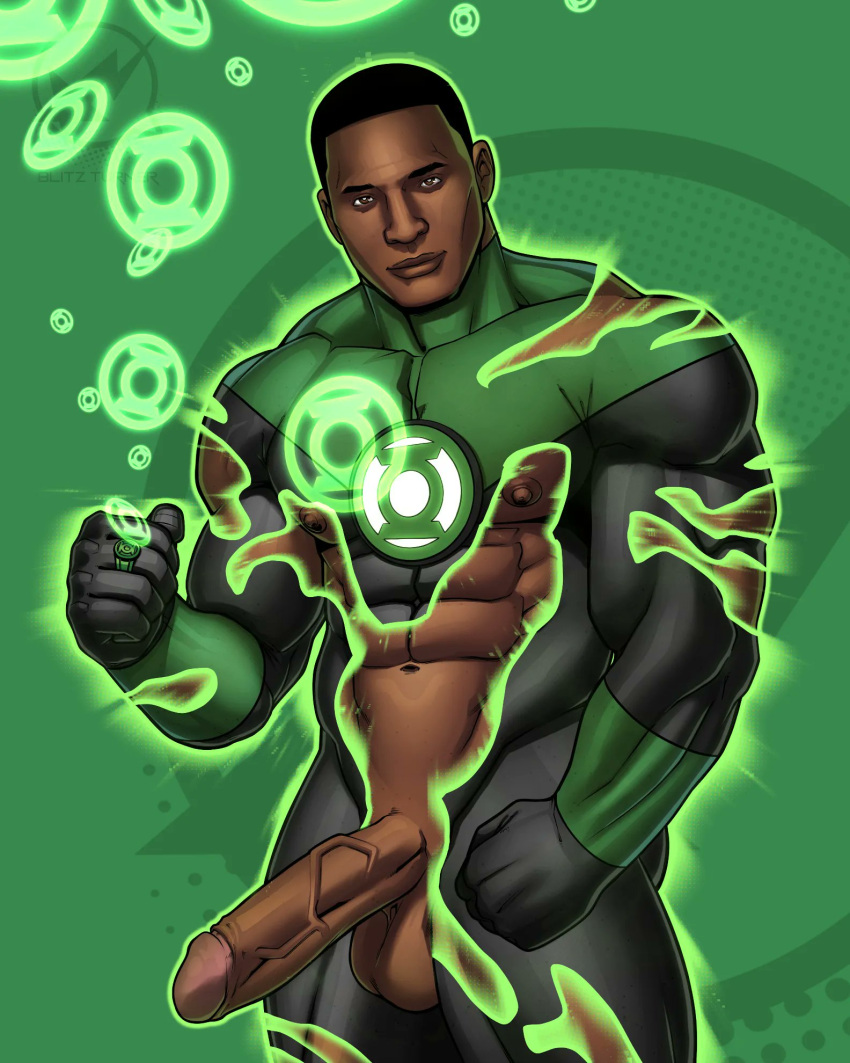 1boy abs african african_male arrow_(series) arrowverse balls ballsack black_hair blitzturner brown_eyes celebrity dark-skinned_male dark_skin david_ramsey dc dc_comics erect_penis erection foreskin foreskin_folds green_background green_lantern hard_on human in_character intact john_diggle male male_nipples male_only masculine melanin muscles muscular muscular_male posing power_ring retracted_foreskin ripped_clothing scrotum shaved_crotch smooth_skinned_male solo testicles uncut veiny_penis