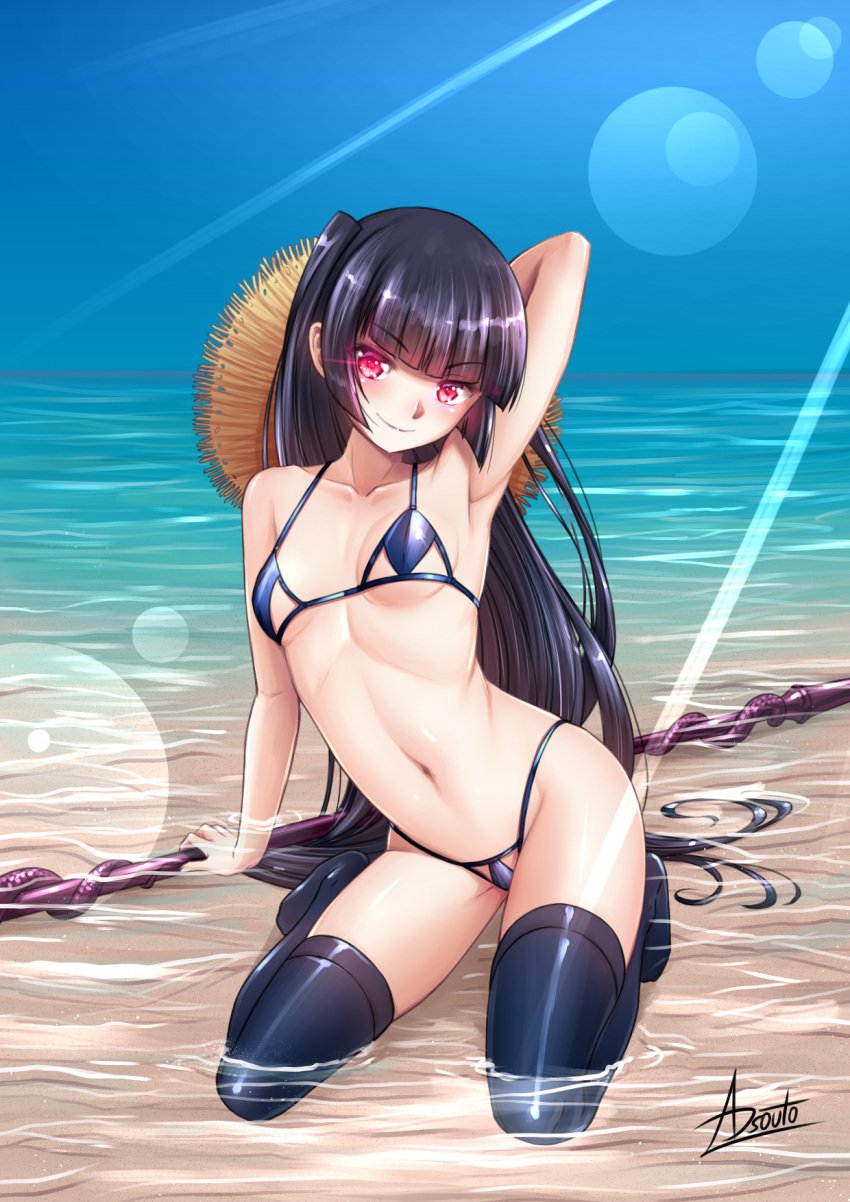 1girls 2021 adsouto arm_behind_head bangs beach bikini black_hair blunt_bangs cleavage female female_only gate_-_jieitai_ka_no_chi_nite_kaku_tatakaeri glowing_eyes hi_res kneeling long_hair looking_at_viewer red_eyes revealing_clothes rory_mercury seaside skimpy_clothes small_breasts smiling smiling_at_viewer solo solo_female stockings