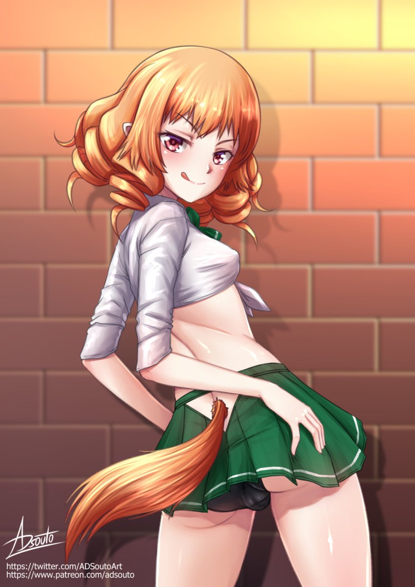 1girls :q adsouto back_view blush cameltoe curly_hair female female_only halfling halfling_female hi_res kuroinu_~kedakaki_seijo_wa_hakudaku_ni_somaru~ licking_lips long_hair looking_at_viewer looking_back nipple_bulge orange_hair panties pointy_ears red_eyes ruu_ruu school_uniform short_skirt small_breasts solo solo_female tail