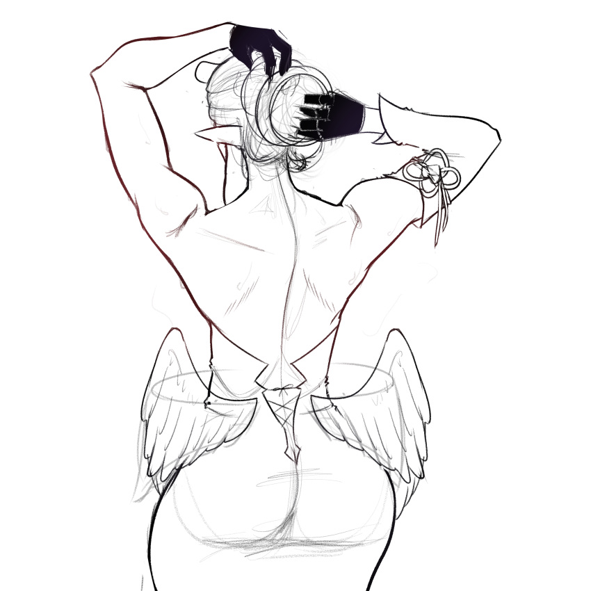 arms_behind_head arms_up ass back back_view bare_back dress facing_away fraankyy from_behind gloves hololive hololive_english hololive_myth large_ass long_ears muscular muscular_female ninomae_ina'nis sketch tight_clothing tight_dress tight_fit unfinished virtual_youtuber wide_hips wings wip