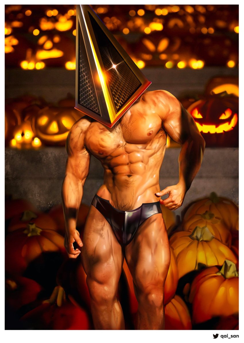 1boy bulge halloween jack_o'_lantern male male_only masked monster muscles muscular muscular_male posing pumpkin pyramid_head qai_san serial_killer silent_hill solo underwear underwear_only