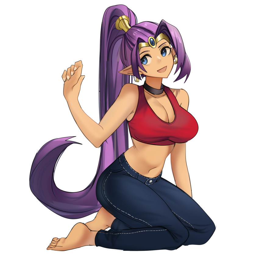 1girls arm_up bare_shoulders barefoot blue_eyes breasts brown_skin choker cleavage dark-skinned_female dark_skin denim earrings feet female female_focus female_only forehead_jewel full_body highres jeans jewelry lamota long_hair on_knees open_mouth pants pointy_ears ponytail purple_hair red_sports_bra shantae shantae_(character) simple_background smile smooth_skin soles solo sports_bra tan_skin tiara toes very_long_hair white_background