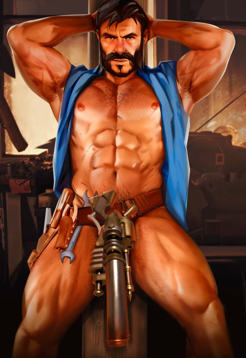 abs armpits arms_behind_head big_arms black_hair chest_hair covered_crotch daddy hairy hairy_chest league_of_legends malcolm_graves male_only mechanic mechanical muscles muscular muscular_arms muscular_male navel nipples open_shirt qai_san teasing tool_belt tools