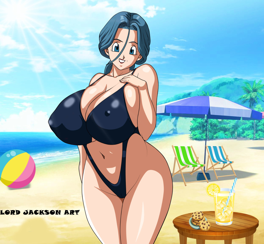 1girls beach big_breasts blue_eyes blue_hair bulma_briefs center_opening dragon_ball dragon_ball_super dragon_ball_z female female_only future_bulma halter_bikini hi_res light-skinned_female light_skin lipstick looking_at_viewer lord_jackson_art married_woman mature_female milf mother nipples nipples_visible_through_clothing one-piece_swimsuit red_lipstick solo sun_umbrella swimsuit swimwear thick_thighs wife