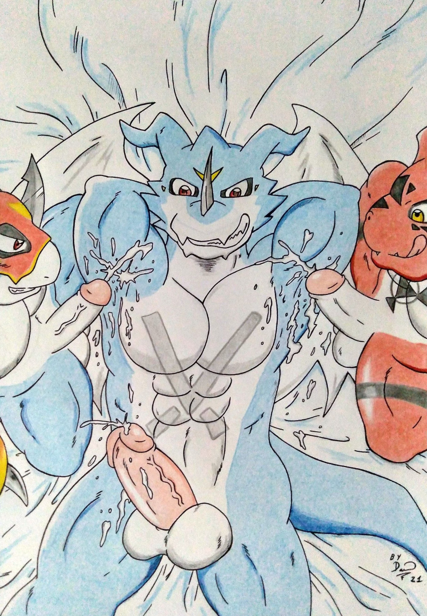 absurd_res anthro armpit_fetish bandai_namco bedroom_sex bodily_fluids cum cum_on_armpit dashthefox digimon digimon_(species) dragon duo exveemon flamedramon gay genital_fluids genitals group guilmon hi_res male male/male male_only muscular pecs penis sex traditional_media_(artwork) trio yaoi