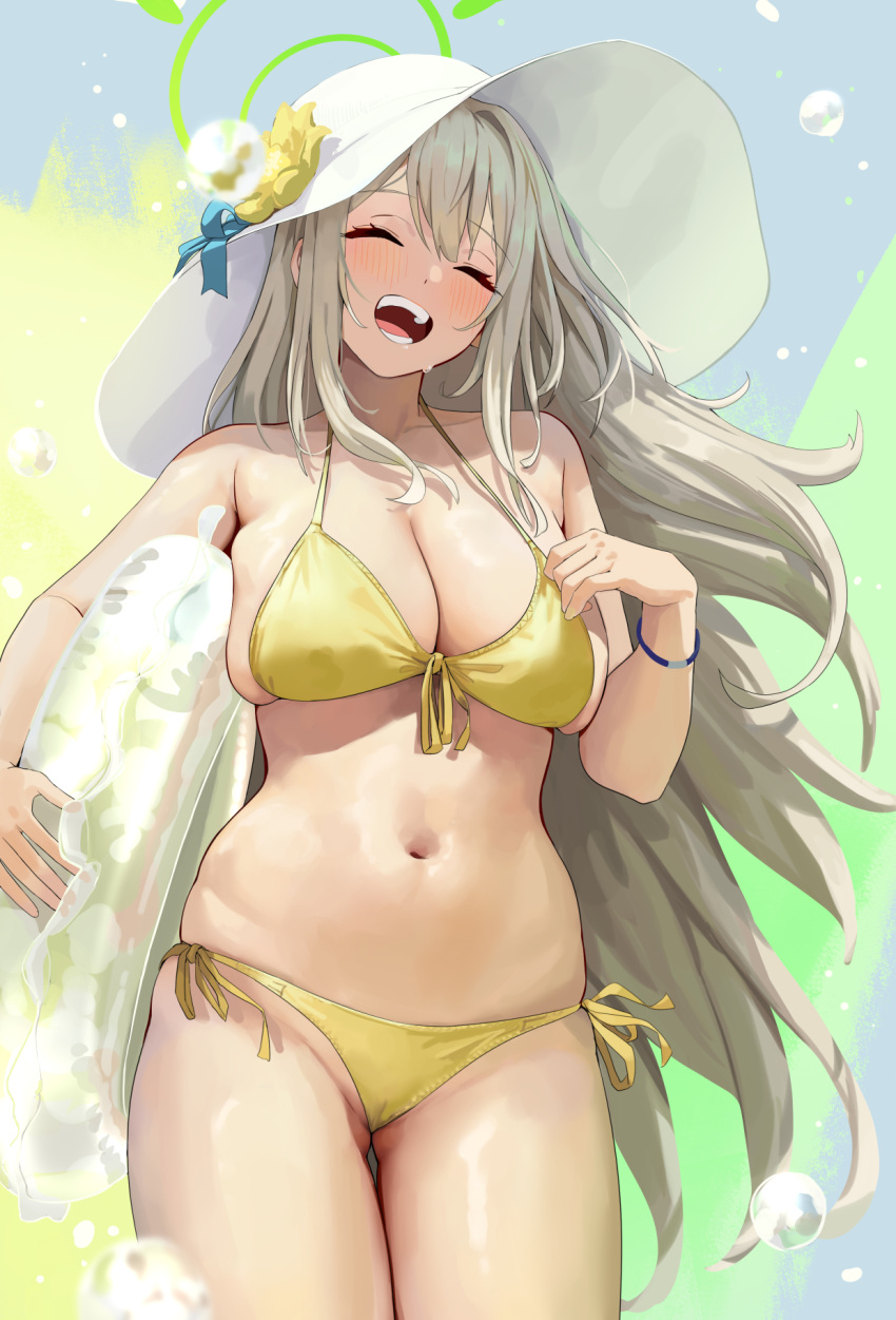 1girls 2022 :d ^_^ abydos_high_school_student bikini blue_archive breasts cameltoe chela77 cleavage closed_eyes female female_focus female_only foreclosure_task_force_(blue_archive) grey_hair hat highres large_breasts light-skinned_female light_skin long_hair nonomi_(blue_archive) nonomi_(swimsuit)_(blue_archive) side-tie_bikini skindentation smile solo solo_female swimsuit thighs undersized_clothes white_headwear yellow_bikini