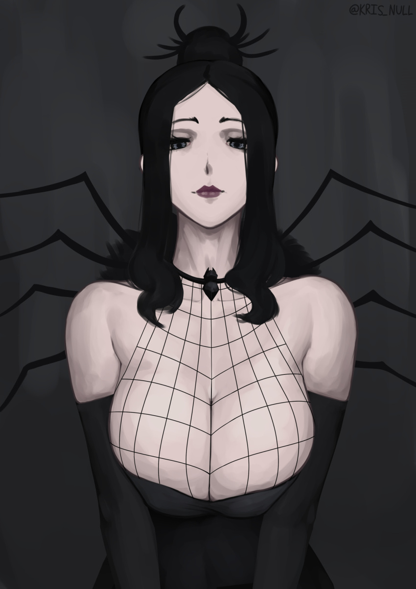 1girls 2022 2d 2d_(artwork) adult adult_female arachne_gorgon artist_name artist_signature aunt big_breasts black_dress black_hair breast_focus breasts cleavage clothed clothed_female clothing dark_background deep_cleavage double_bun dress female fishnet fishnets goth goth_girl gothic grey_eyes hair_bun huge_breasts kris_null large_breasts light-skinned_female light_skin lipstick long_hair looking_at_viewer mature mature_female milf no_sex pale pale-skinned pale-skinned_female realistic_breast_size silver_eyes sleeveless sleeveless_dress solo solo_female solo_focus soul_eater top_focused top_heavy upper_body_focus villainess white_skin witch