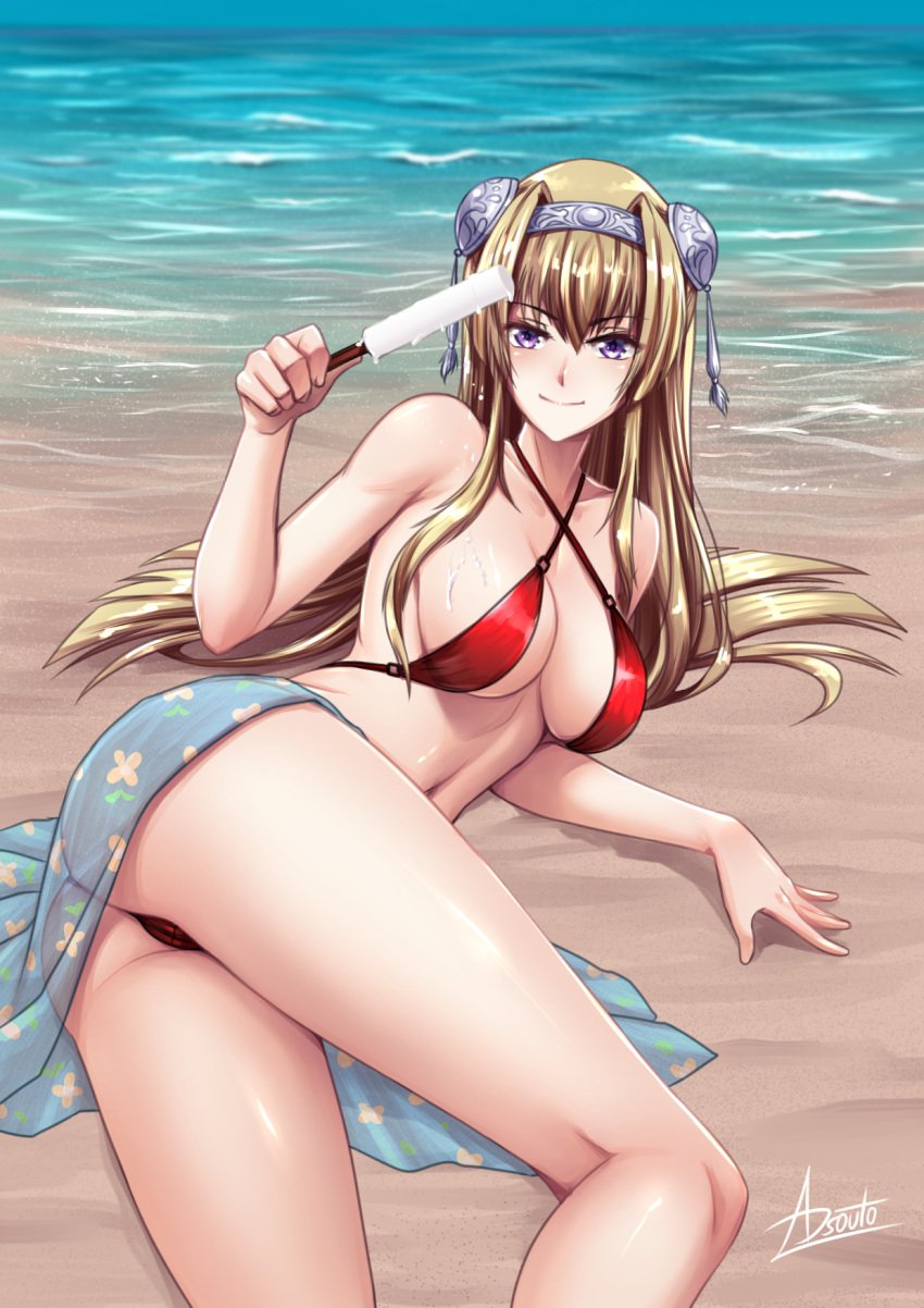 1girls 2021 adsouto alicia_arcturus ass beach bikini blonde_hair blush cameltoe cleavage female female_only headwear hi_res ice_cream kuroinu_~kedakaki_seijo_wa_hakudaku_ni_somaru~ long_hair looking_at_viewer lying lying_on_side on_side popsicle purple_eyes revealing_clothes seaside skimpy_clothes smiling smiling_at_viewer solo solo_female thick_thighs veil