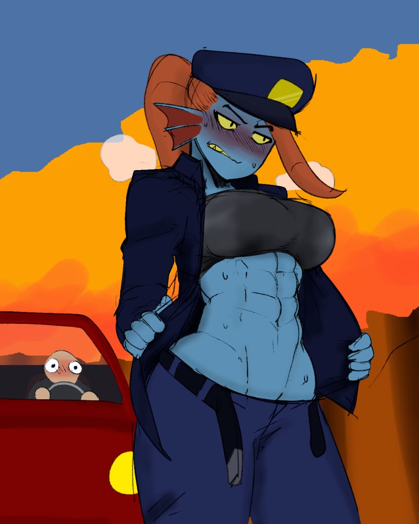 1girls abs anthro anthro_focus being_watched belt belt_buckle belt_unbuckled big_breasts blue_body blue_shirt blue_skin blush bodily_fluids bra breasts car color color_edit colored colored_sketch deltarune female female_focus fish fish_ear fish_girl furry grey_bra grey_underwear headwear high_resolution highres krekk0v long_hair looking_away muscle muscles muscular muscular_anthro muscular_female opening_shirt outdoors outside police police_hat police_officer police_uniform policewoman ponytail public public_exposure public_use red_hair shirt_open sports_bra sweat sweatdrop sweating third-party_edit tree undertale undertale_(series) undressed undressing undyne undyne_(deltarune) voyeur