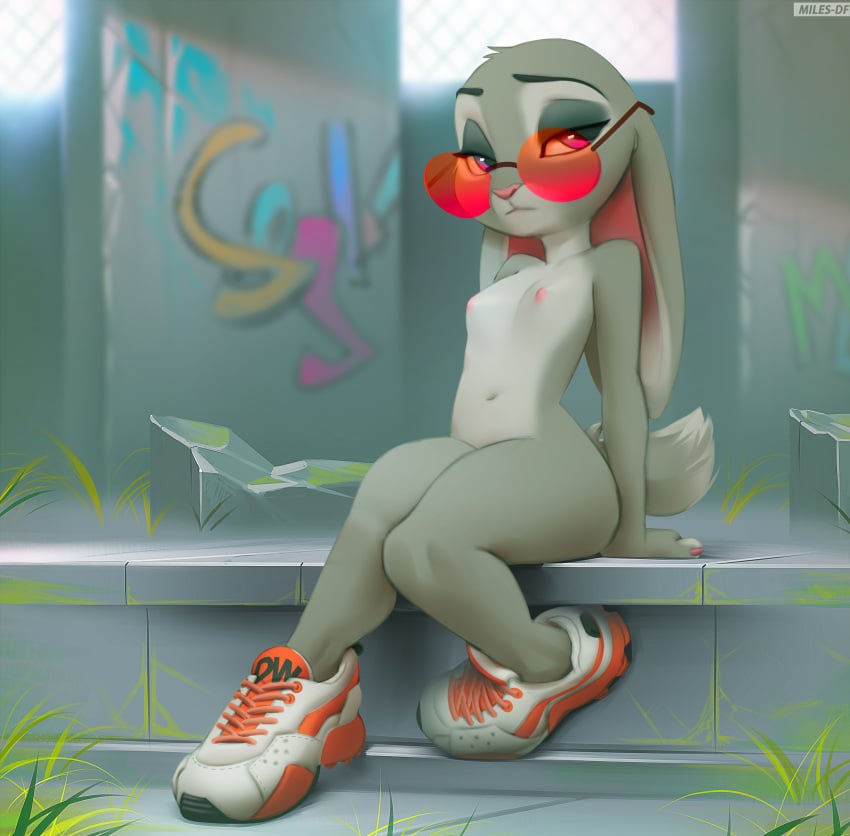 anthro flat_chest furry glasses judy_hopps looking_at_viewer miles_df naked naked_footwear nude_female public public_nudity thick_thighs wide_hips zootopia