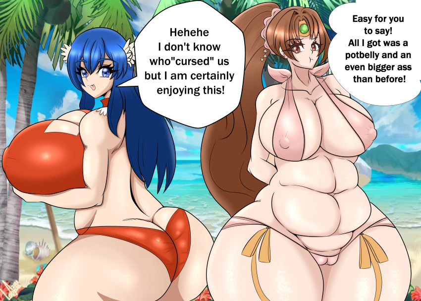 bbw belly_button bikini blue_hair breasts brown_hair caeda_(fire_emblem) caeda_(summer)_(fire_emblem) chubby chubby_female dialogue english_text fire_emblem fire_emblem:_mystery_of_the_emblem fire_emblem:_shadow_dragon_and_the_blade_of_light fire_emblem_heroes grabbing_own_breast huge_ass large_breasts linde_(fire_emblem) linde_(summer)_(fire_emblem) long_hair lord_azure musclegut nintendo official_alternate_costume orange_bikini orange_swimsuit pink_bikini pink_swimsuit skimpy skimpy_clothes swimsuit text thick_thighs