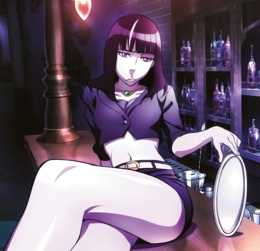 1girls alcohol alcohol_bottle bar belly_button black_hair chiyuki_(death_parade) crop_top crossed_legs death_parade female_focus goth hand_behind_back hips liquor_bottles long_hair midriff necklace pale-skinned_female pale_skin pov_eye_contact purple_eyes purple_hair seductive short_dress sitting sitting_on_desk small_breasts solo solo_female suggestive thighs