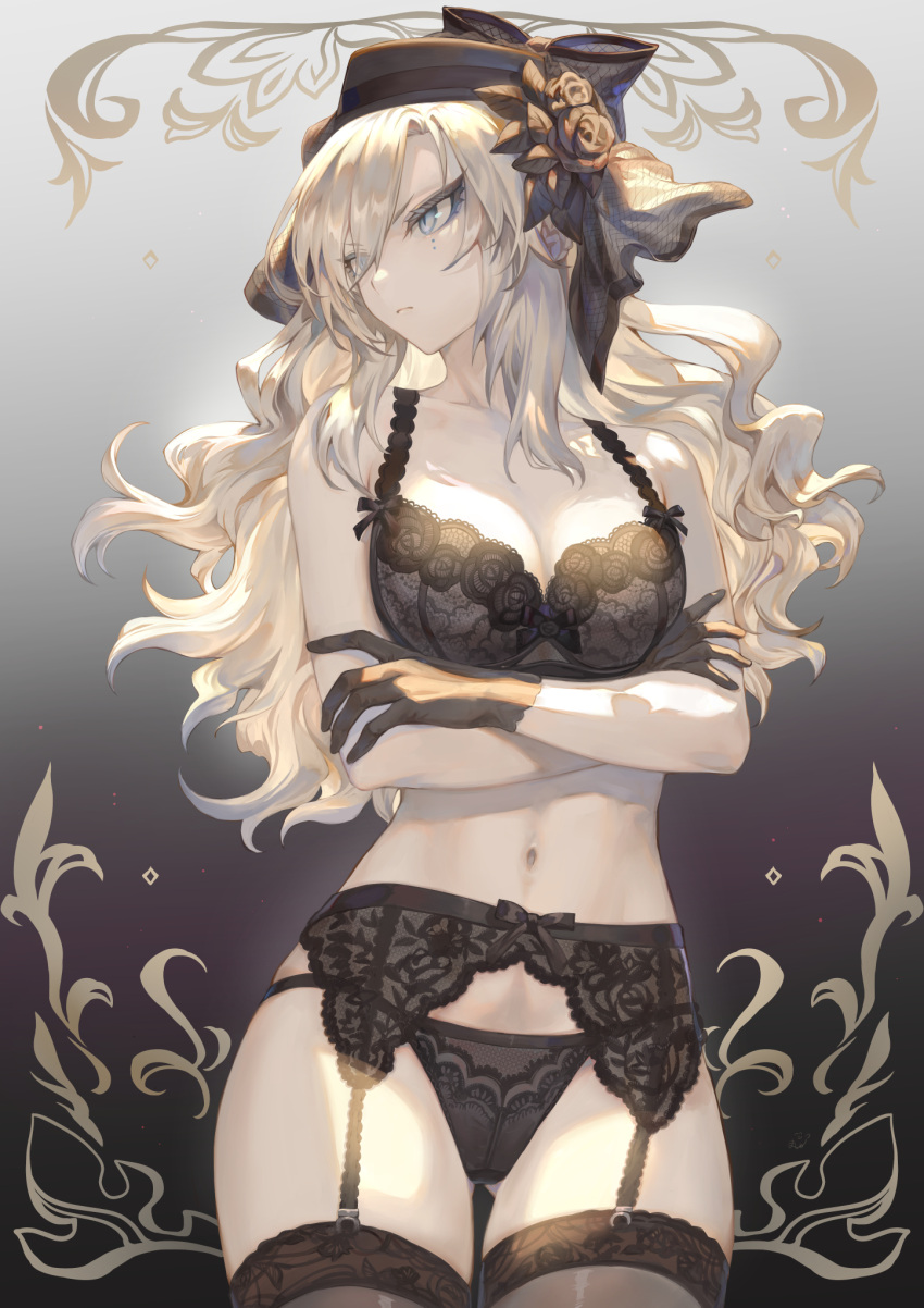 1girls bangs big_breasts black_bow black_bra black_garter_belt black_garter_straps black_gloves black_lace black_lingerie black_panties black_thighhighs blue_eyes bow bow_bra bow_lingerie bra breasts fate/grand_order fate_(series) female garter_belt garter_straps kriemhild_(fate) lace lace-trimmed_bra lace-trimmed_garter_belt lace-trimmed_lingerie lace-trimmed_panties lace-trimmed_thighhighs lace_trim lingerie lingerie_bouquet long_hair mashu_003 panties see-through see-through_gloves silver_hair thighs white_hair