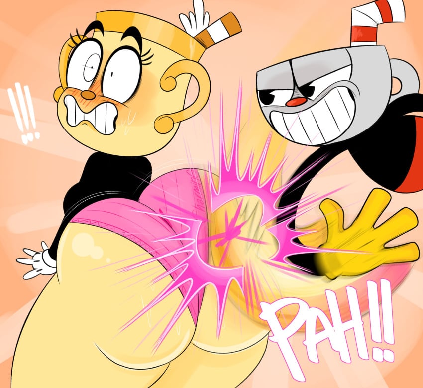 1boy 1girls ass ass_slap bean_smile big_ass big_butt bottom_heavy bubble_ass bubble_butt clenched_teeth cuphead cuphead:_the_delicious_last_course cuphead_(game) dat_ass fat_ass fat_butt female half-closed_eyes handwear huge_ass huge_butt large_ass large_butt male ms._chalice ota_(artist) pac-man_eyes panties parry pink_panties slapping_ass slapping_butt smile smirk spanking surprised text text_on_clothing text_on_underwear thick_ass thick_thighs wide_hips