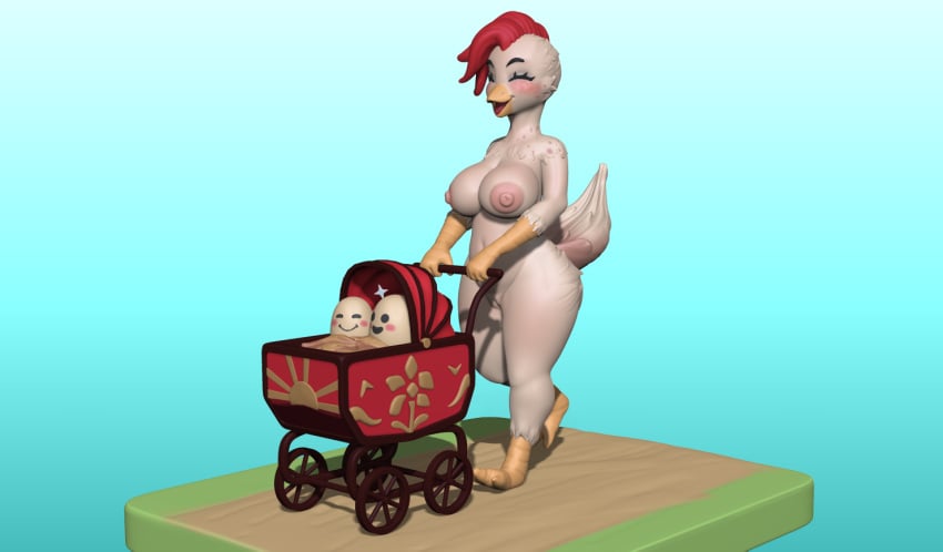 3d_(artwork) anthro avian beak big_breasts bird breasts carriage chicken closed_eyes digital_media_(artwork) egg feathers female fizzymola galliform gallus_(genus) genitals mother mother_and_child nude open_mouth parent parent_and_child phasianid pushing pussy smile solo walking wide_hips