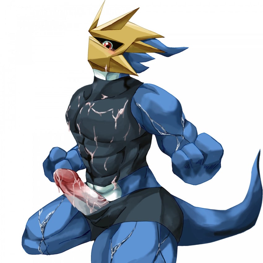 1:1 abs anthro armor athletic athletic_male bandai_namco blue_body bodily_fluids bottomwear byshz2000 clothing crop_top cum digimon digimon_(species) digimon_adventure_02 erection genital_fluids genitals hi_res magnamon male male_only muscular muscular_anthro muscular_male pecs penis royal_knights shirt shorts solo tight_clothing topwear