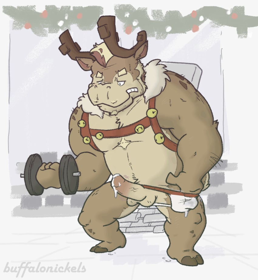 anthro bell bell_harness bodily_fluids buffalonickels capreoline chest_tuft christmas clothing cum cum_drip cum_in_clothing deer dripping exercise facial_hair genital_fluids harness hi_res holidays jingle_bell jingle_bell_harness jockstrap male mammal muscular muscular_male reindeer sitting solo solo_male tuft underwear weightlifting workout