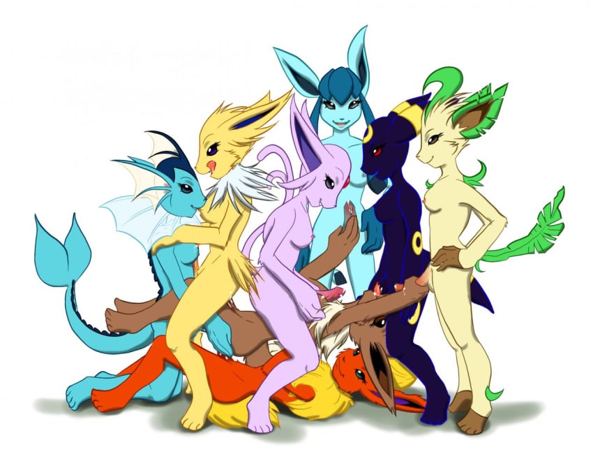 4_fingers anthro black_fur blue_eyes blue_fur blue_skin breasts brown_eyes closed_mouth color eevee eeveelution erection espeon fellatio flareon fur furry furry_breasts furry_ears furry_tail futanari glaceon green_eyes grey_eyes handjob houkuko intersex interspecies jolteon leafeon lying missionary_position nipples nude on_back open_eyes oral paizuri penis pointy_ears pokemon pokemon_(species) precum purple_fur red_eyes red_fur reverse_cowgirl_position sex smile standing straddle tail tail_fin tongue tongue_out umbreon vaporeon white_background yellow_fur