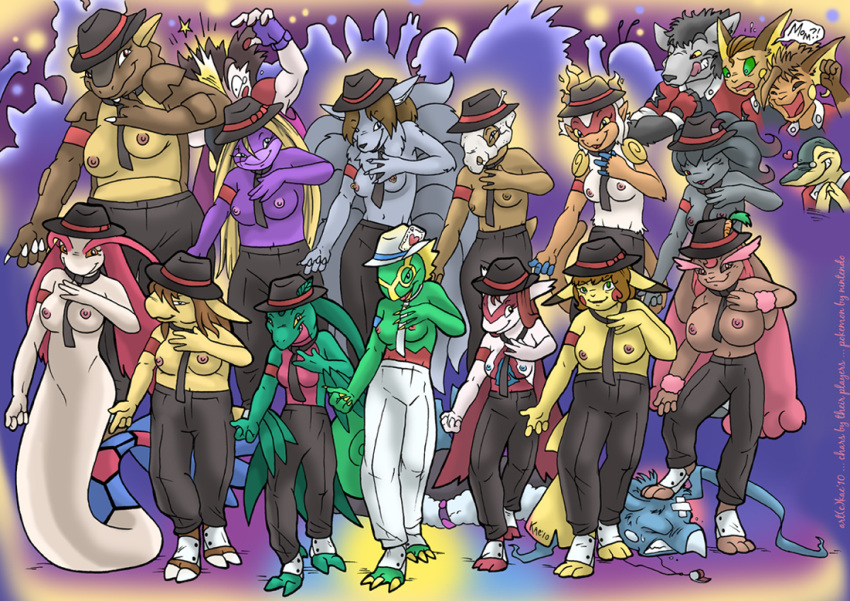 14girls 5boys 6+girls altaria anthro breasts cubone cyndaquil drowzee fur furry grovyle infernape jynx kaemantis kangaskhan kecleon large_breasts latias lopunny mightyena milotic misdreavus mr._mime ninetales nintendo nipples pikachu pokemon pokemon_(species) raichu straight_hair text topless what