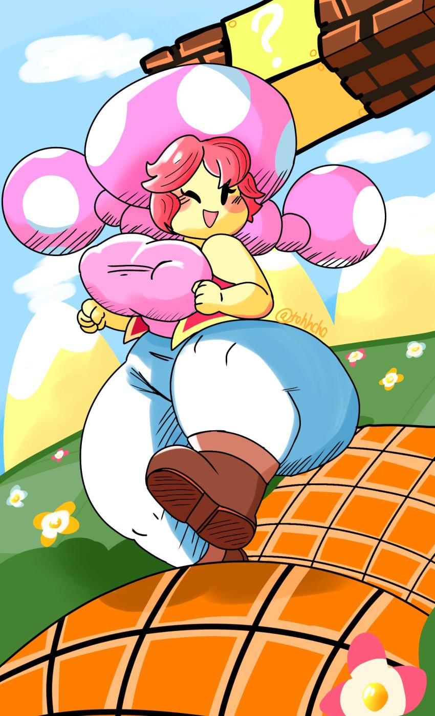 1girls :d big_breasts breasts breasts_out erect_nipples female mario_(series) mob_face mochikirb nintendo pink_shirt shoes shortstack solo solo_female super_mario_bros. thick_ass thick_thighs toadette voluptuous white_pants