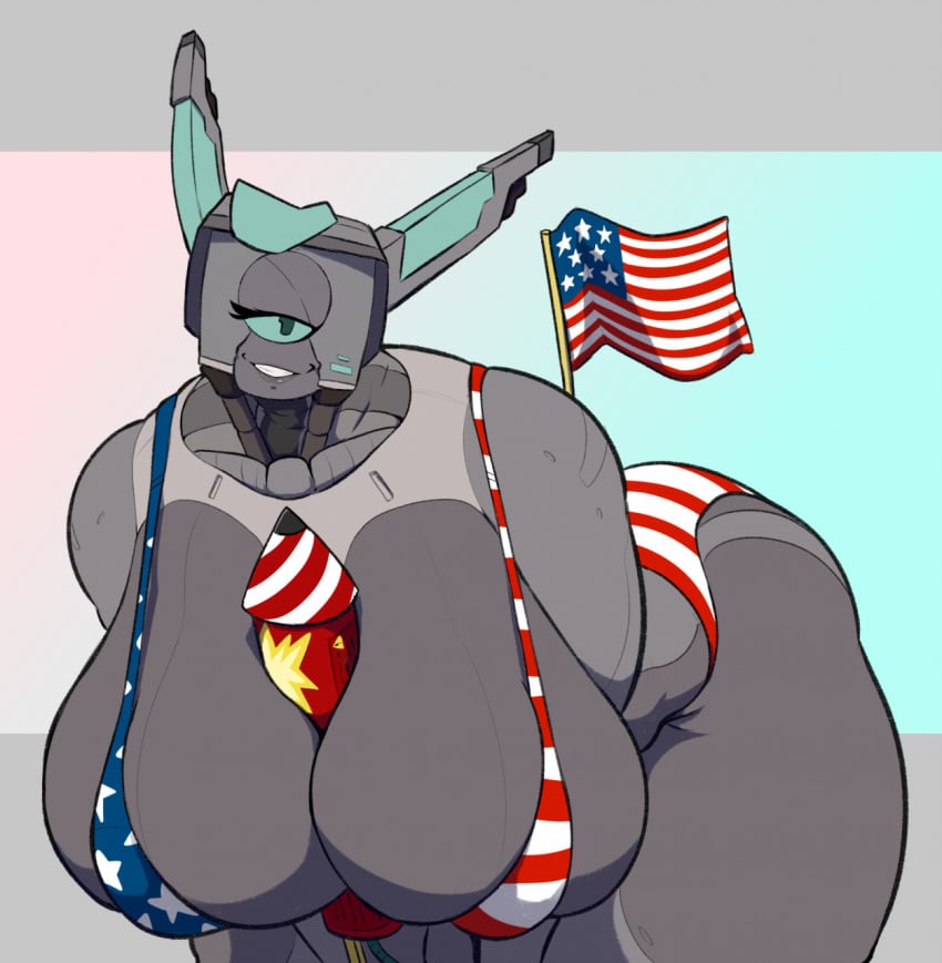 1_eye 1girls 4th_of_july american_flag between_breasts between_buttocks big_ass big_breasts breasts bubble_butt cleavage clothing donkles female gray_body gray_skin grey_body grey_skin high_heels huge_breasts kneeling looking_at_viewer robot robot_girl skindentation smile tagme thick_thighs