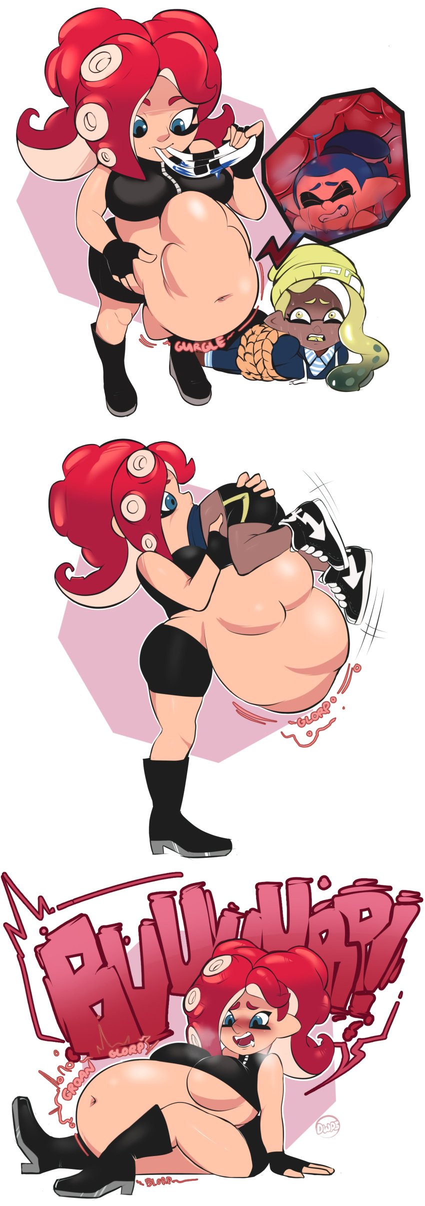 2girls1boy animal_humanoid anthro belly_expansion big_belly big_breasts blue_eyes blue_hair blush breast_expansion burp burping burping_up_clothes cephalopod cephalopod_humanoid dark_skin digestion digestion_noises dwps fangs high_heel_boots humanoid inkling inkling_boy inkling_girl inside_view john_(splatoon) kou_(splatoon) latex_suit mask_(marking) midriff monster_girl navel nintendo octoling octoling_rival pointy_ears post_vore pseudo_hair red_hair same_size_vore sitting splatoon splatoon_(series) splatoon_2 squid stomach_bulge swallowed_whole swallowing tentacle tentacle_hair thick_thighs underboob vore x-ray yellow_hair