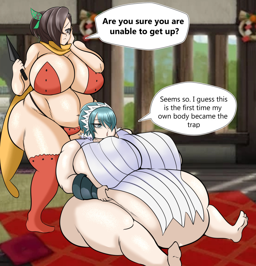 adapted_costume alternate_costume bbw belly_button black_hair blue_hair breasts chubby chubby_female dialogue english_text fire_emblem fire_emblem_fates fire_emblem_heroes gigantic_breasts huge_ass huge_belly immobile kagero_(fire_emblem) kunai large_breasts long_hair lord_azure nintendo nipple_bulge obese obese_female official_alternate_costume setsuna_(fire_emblem) short_hair skimpy skimpy_clothes text thick_thighs