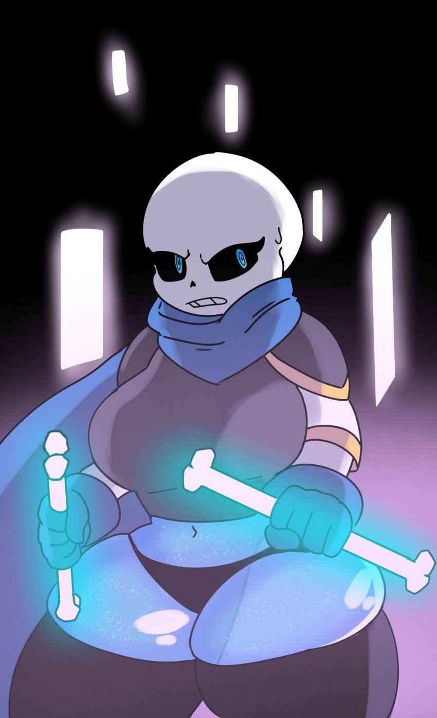 1girls armor blue_scarf ectobody female mochikirb rule_63 shortstack solo thick_thighs thighhighs thong underswap underswap_genderswap underswap_sans underswap_sans_genderswap undertale undertale_au voluptuous