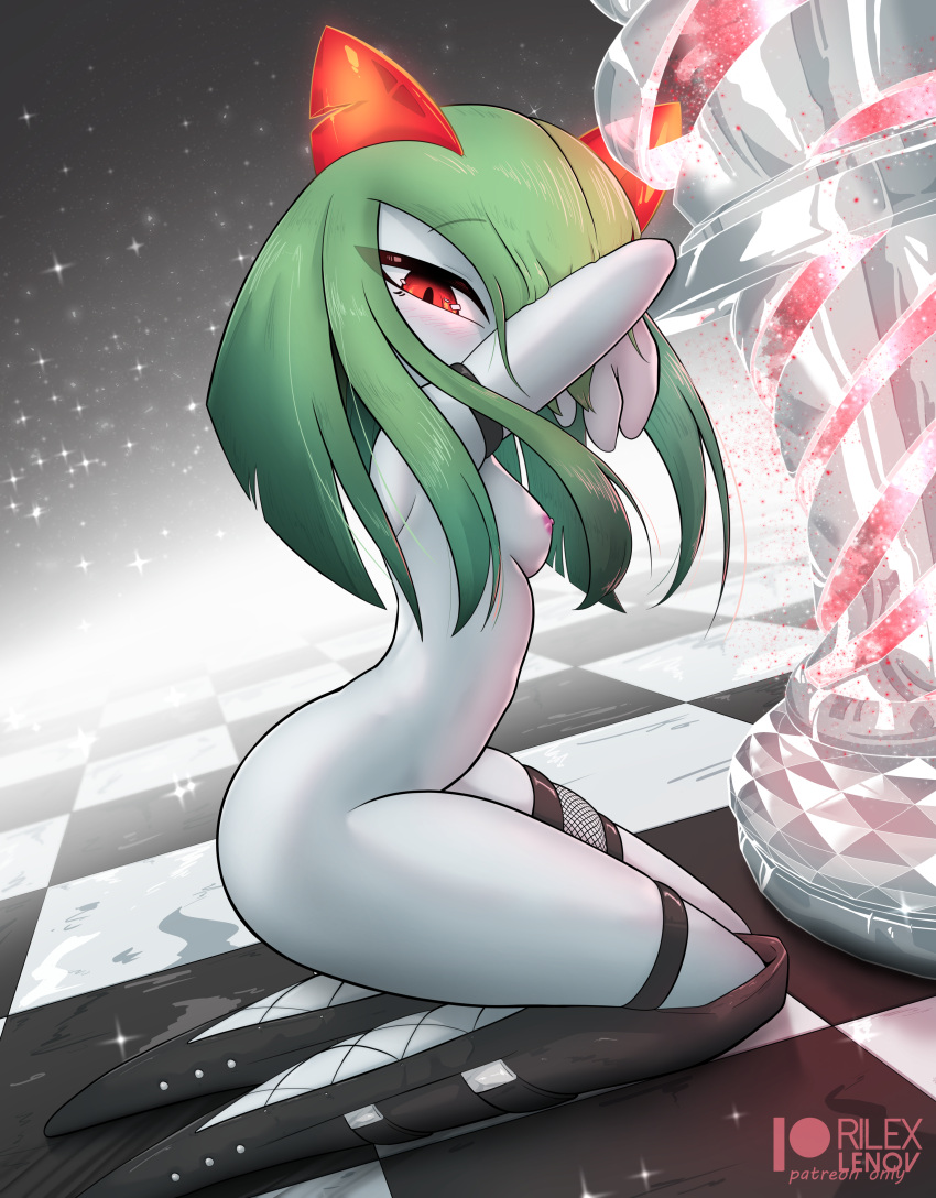 anthro armband athletic_female blush boots breasts eyelashes female game_freak green_hair hair kirlia kneehigh_boots looking_at_viewer nintendo nude orange_eyes pokémon_(species) pokemon pokemon_(species) rilex_lenov thighband