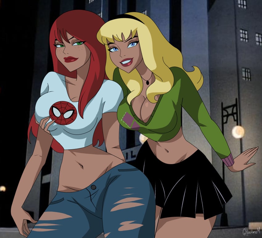 2d 2girls big_breasts blonde_hair blue_eyes breasts duo female female_only freckles ghostlessm green_eyes gwen_stacy gwen_stacy_(classic) hairband human human_only jeans light-skinned_female looking_at_viewer marvel mary_jane_watson navel red_hair ripped_jeans ripped_pants spider-man_(series) spider-man_crop_top themed_clothes thick_thighs wide_hips yuri