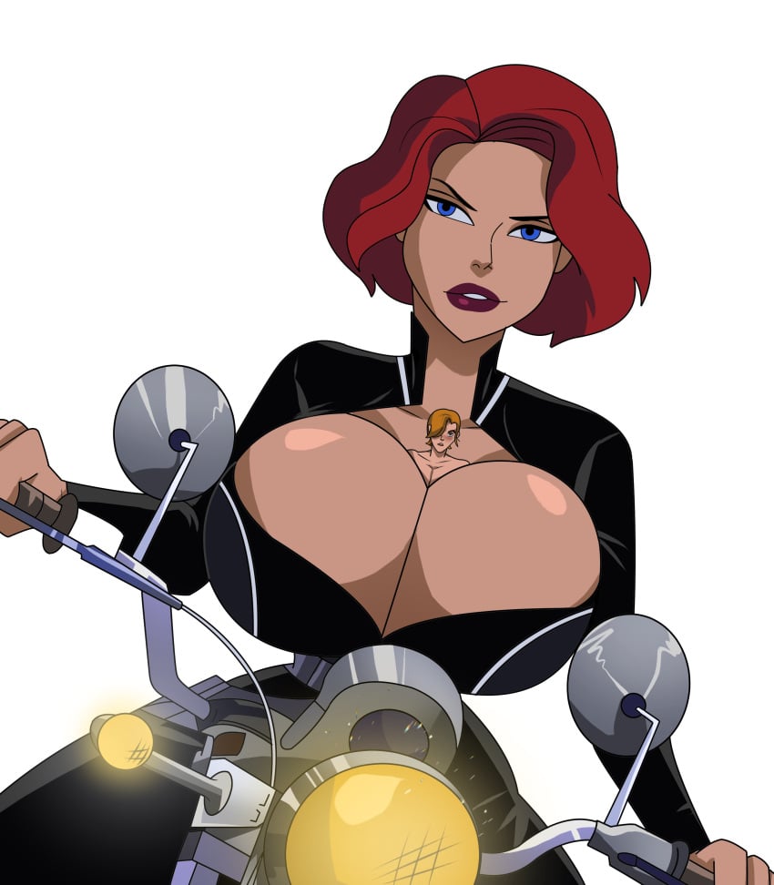 1boy 1girls 2d ant-man ant-man_(series) big_breasts black_widow_(marvel) blue_eyes breasts cleavage female ghostlessm hank_pym human human_only large_breasts light-skinned_female light-skinned_male male marvel micro_between_breasts micro_male micro_on_breasts miniboy motorcycle natasha_romanoff red_hair straight wide_hips