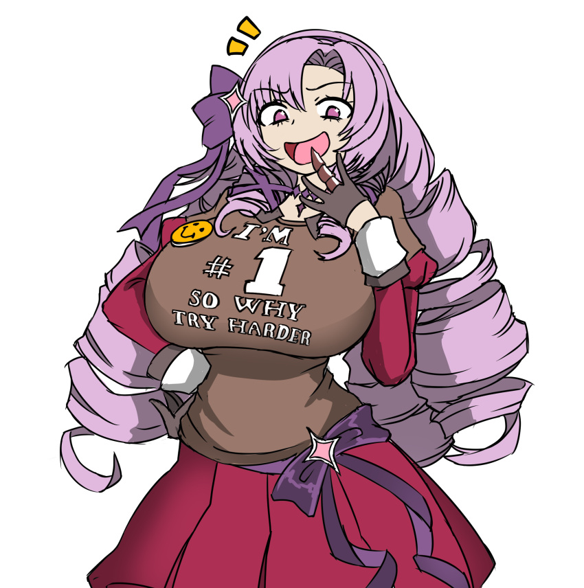 dress drill_hair huge_breasts hyakumantenbara_salome magicalgirlnoir nijisanji ojou-sama_pose purple_hair red_eyes ribbon shirt skirt smug smug_expression smug_face smug_grin smug_smile tagme virtual_youtuber