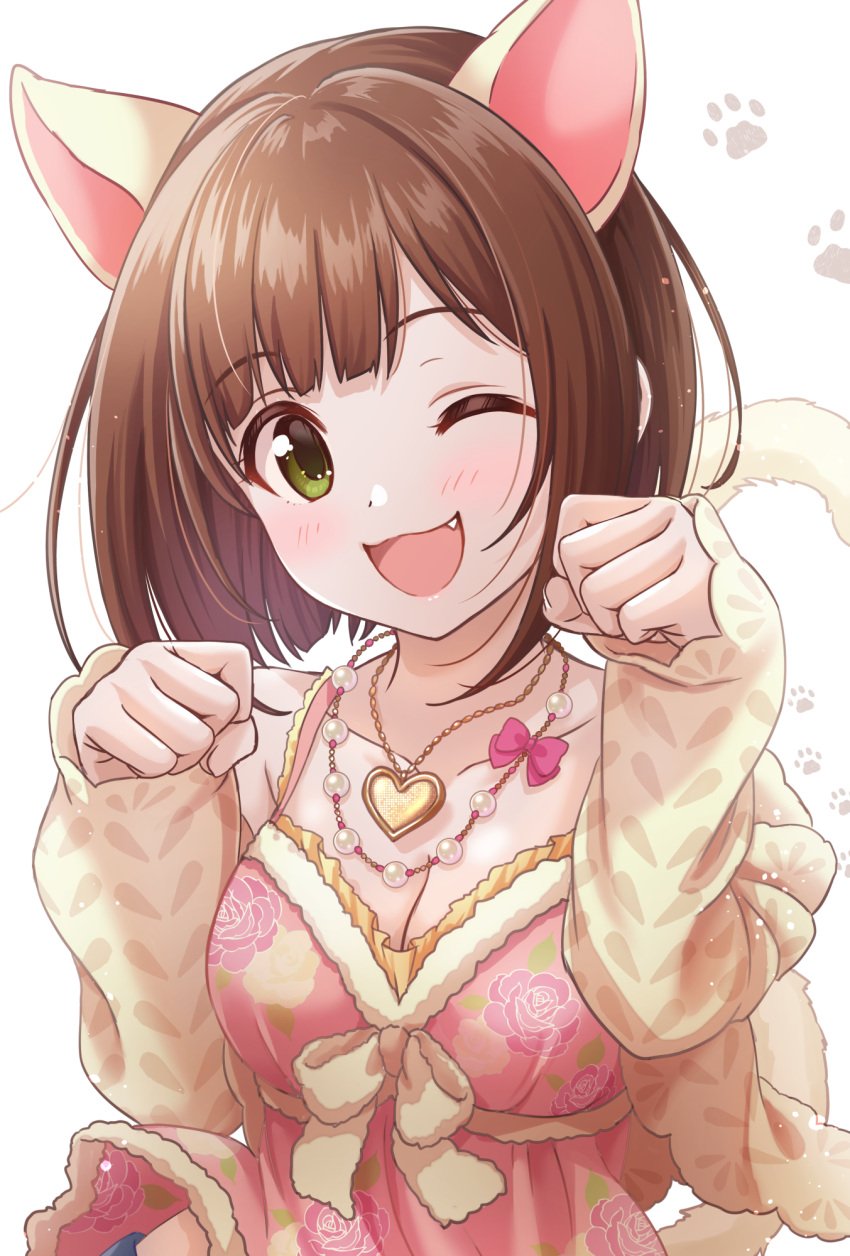 blush brown_hair dress green_eyes idolmaster idolmaster_cinderella_girls maekawa_miku short_hair smile wink