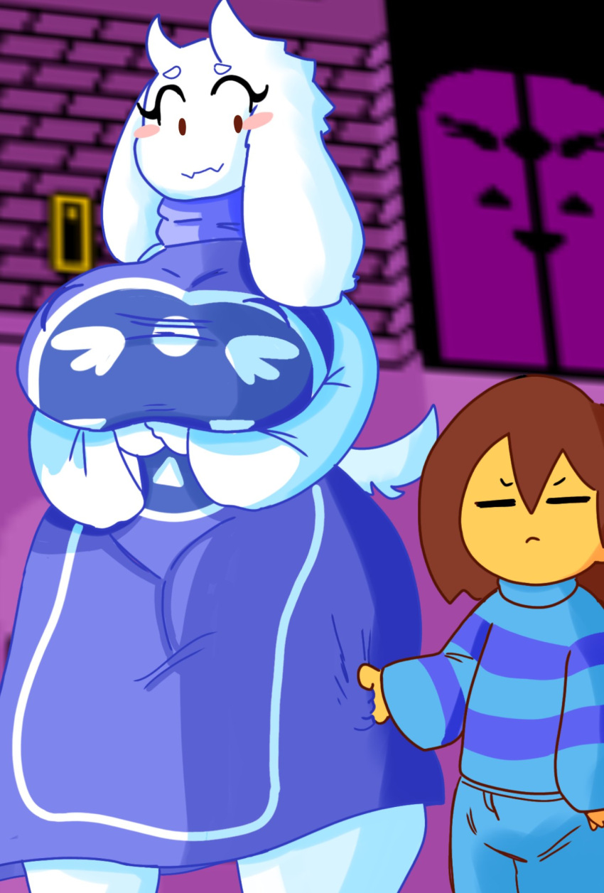 1boy 1boy1girl 1girls 2d anthro anthrofied ass_visible_through_thighs blue_shirt breasts brown_hair duo female frisk goat horns humanoid imminent_sex male mochikirb purple_dress rosy_cheeks thick_thighs toriel toriel_(mochikirb_style) tugging_clothing undertale undertale_(series) voluptuous wagging_tail white_fur