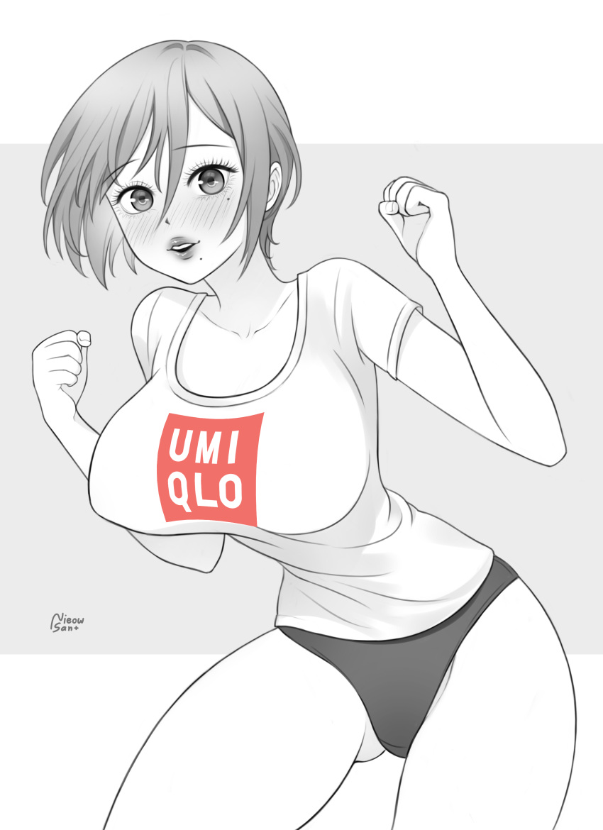 big_breasts blush chiho_johansson female female_only gigant huge_breasts looking_at_viewer mole_under_eye mole_under_mouth monochrome nieow-san panties parted_lips short_hair smile solo t-shirt thin_waist tight_clothing very_short_hair