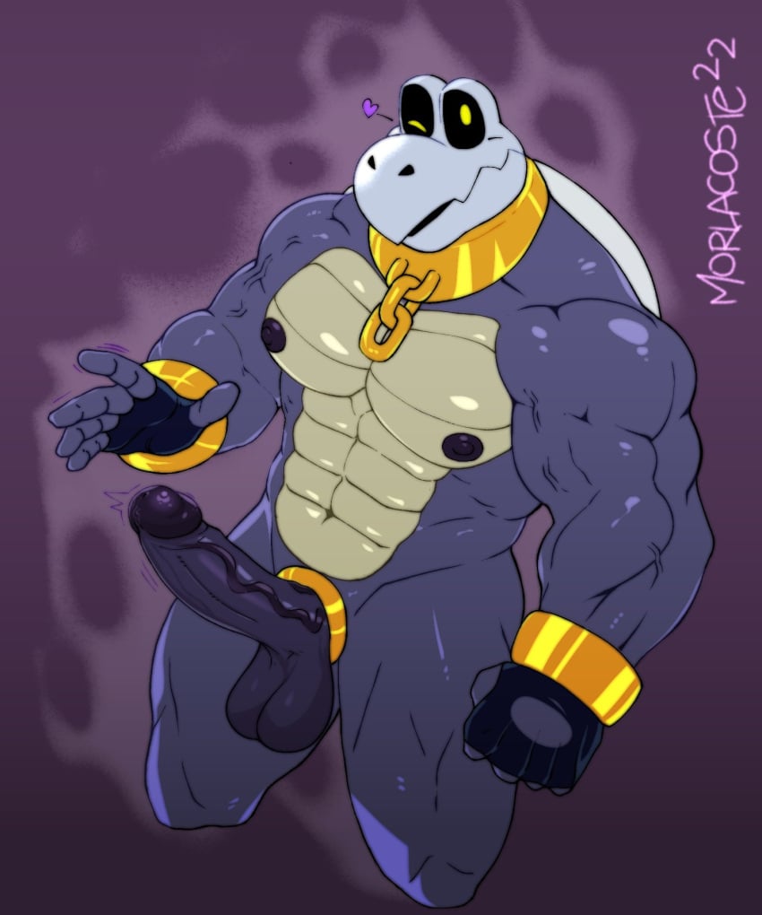 2022 abs accessory anthro balls biceps big_muscles big_penis bone bracelet chains clothing cock_ring collar dry_bones dry_himbones erection fan_character fingerless_gloves genitals gloves gold_(metal) handwear heart hi_res humanoid_genitalia humanoid_penis jewelry koopa koopa_troopa looking_at_viewer male male_only mario_(series) morlacoste muscular muscular_anthro muscular_male navel nintendo nipples non-mammal_balls non-mammal_nipples nude one_eye_closed pecs penis penis_accessory penis_jewelry purple_background scalie shell signature simple_background skull smile solo vein video_games wink