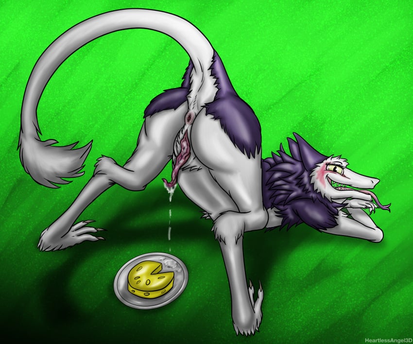 absurd_res anthro anus ass cheese claws dairy_products female food fur genitals heartlessangel3d hi_res jack-o'_pose open_mouth pose presenting presenting_hindquarters purple_body purple_fur pussy rain_silves sergal solo tongue tongue_out white_body white_fur