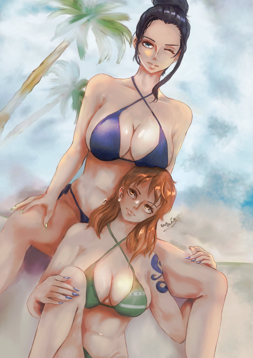 2girls abstract_background beach between_legs big_breasts bikini black_hair blue_eyes breasts brown_eyes busty cleavage clouds curvy ear_piercing female female_only hair_bun long_hair nami nami_(one_piece) nico_robin one_piece orange_hair palm_tree partially_clothed post-timeskip qaismelon sitting sitting_between_legs sky spread_legs striped_bikini swimsuit tattoo thick_thighs voluptuous wink