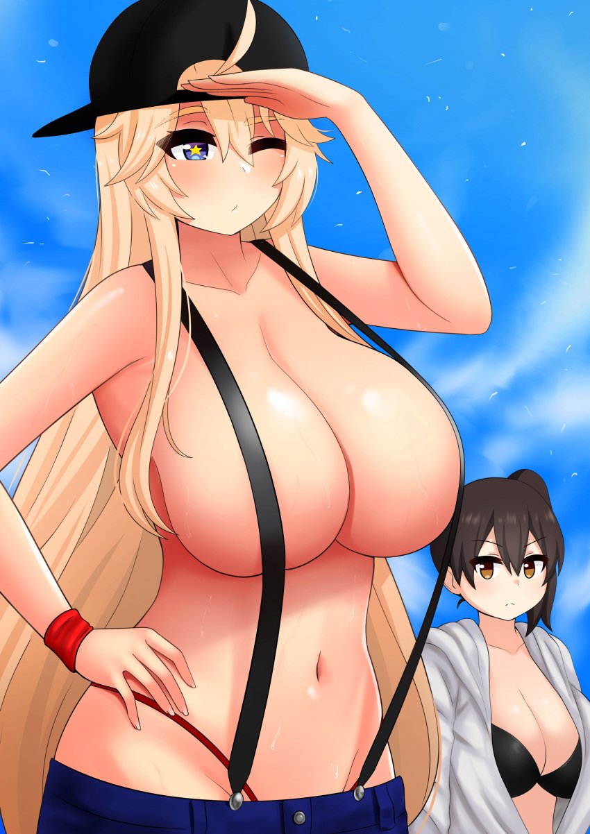 2girls absurdres backwards_hat bikini bikini_under_clothes black_bikini blonde_hair blue_eyes breast_envy breasts brown_eyes brown_hair cleavage denim hair_between_eyes hand_on_hip hat highres huge_breasts iowa_(kantai_collection) kaga_(kantai_collection) kantai_collection large_breasts long_hair looking_afar looking_at_breasts multiple_girls naked_suspenders navel side_ponytail star_(symbol) suspenders swimsuit the_only_shoe