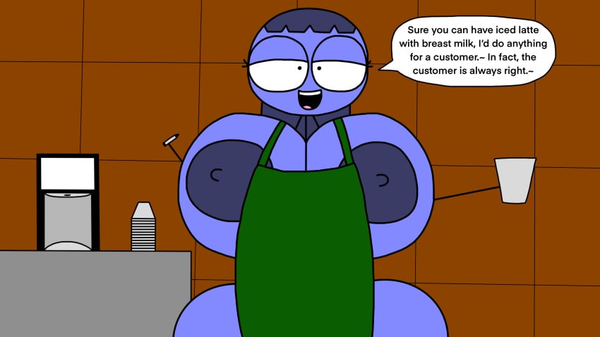 apron big_areola big_ass big_breasts big_nipples breast_milk coffee_cup coffee_machine dialog dick_figures iced_latte_with_breast_milk looking_at_viewer marker meme stickchicks2000 stickman voluptuous