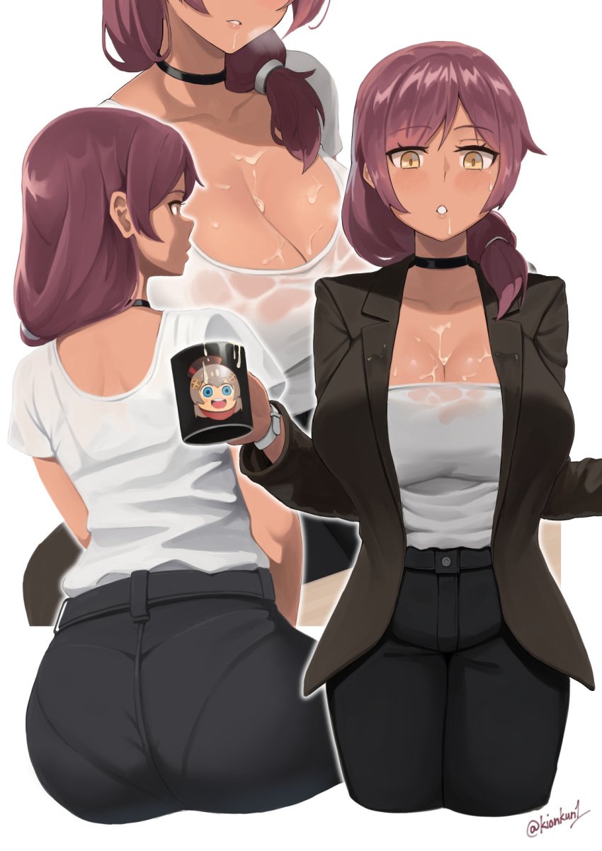 alternate_costume ass bangs belt black_belt black_choker black_pants breasts brown_hair choker cleavage cup female from_behind girls'_frontline hair_over_shoulder highres holding holding_cup kion-kun large_breasts long_hair low-tied_long_hair milk mug office_lady pants pantylines saiga-12_(girls'_frontline) see-through shirt shirt_tucked_in short_sleeves sidelocks sitting standing tan watch white_shirt yellow_eyes