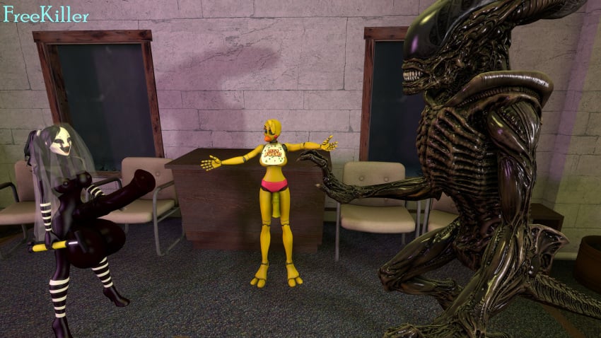 3d alien ball_expansion chica_(fnaf) erection five_nights_at_freddy's five_nights_at_freddy's_2 freekiller futanari huge_balls huge_cock marionette_(fnaf) penis_expansion puppet_(fnaf) small_penis wedding xenomorph