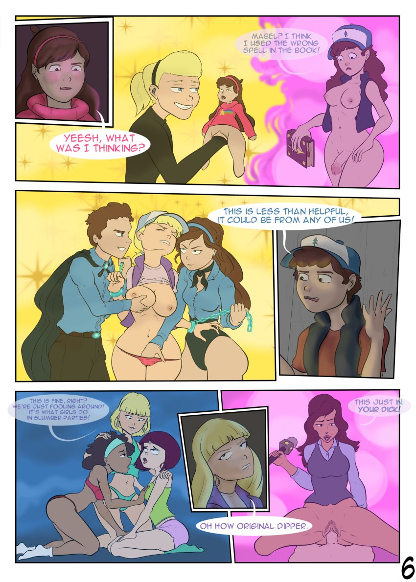 2boys 6girls 7_panel_comic aged_up auburn_hair blonde_hair blue_eyes brown_hair comic cowgirl_position dipper_gleeful dipper_pines english_text female fingering fisting futanari gender_transformation gravity_falls groping hand_in_panties mabel_gleeful mabel_pines male multiple_boys multiple_girls news_reporter no_bra pacifica's_friends pacifica_northwest page_6 page_number paheal pajamas restrained sealedhelm shandra_jimenez speech_bubble straight_hair tongue_out uncensored uncensored_breasts yuri