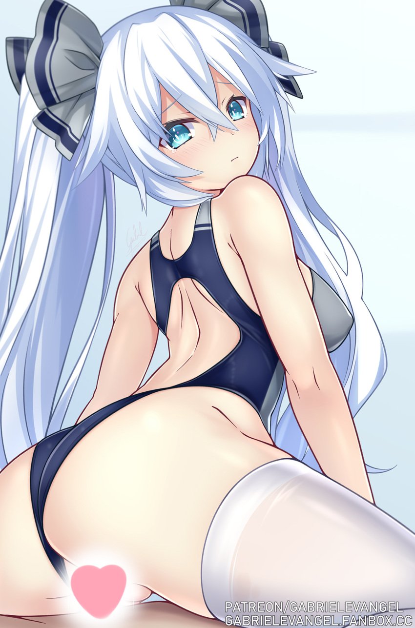 1boy alternate_costume bangs black_heart blush breasts competition_swimsuit female gabriel_evangel green_eyes hair_between_eyes hair_ribbon highres long_hair looking_at_viewer medium_breasts neptunia_(series) noire one-piece_swimsuit reverse_cowgirl_position ribbon sex simple_background skindentation straddling swimsuit thighhighs twintails white_hair